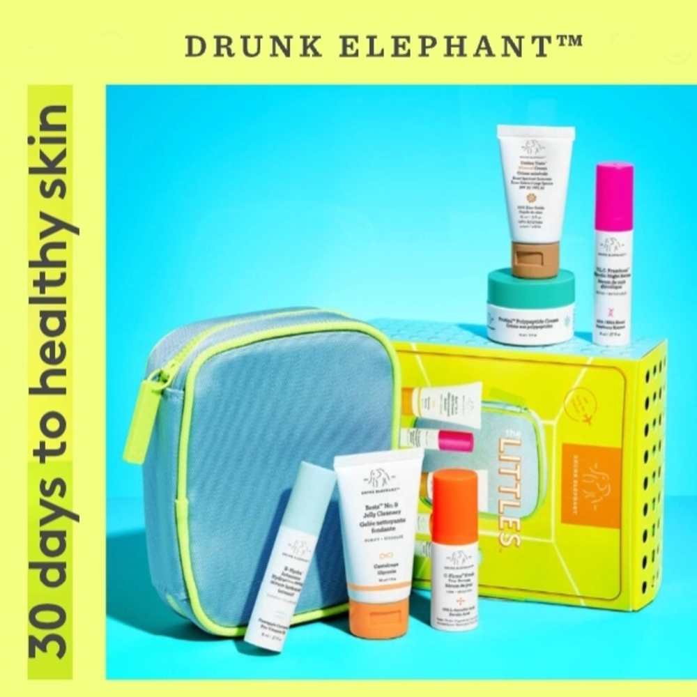 Drunk Elephant Vibrant Yellow and Blue Skincare Cleanser Exfoliant